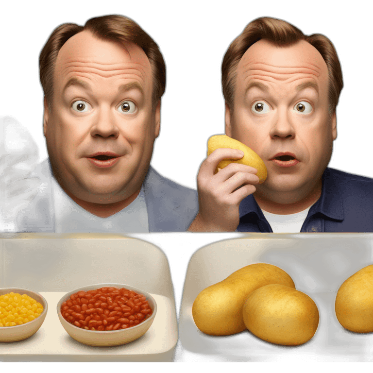 Shaun Williamson and Adam Woodyatt eating baked potatoes and beans emoji