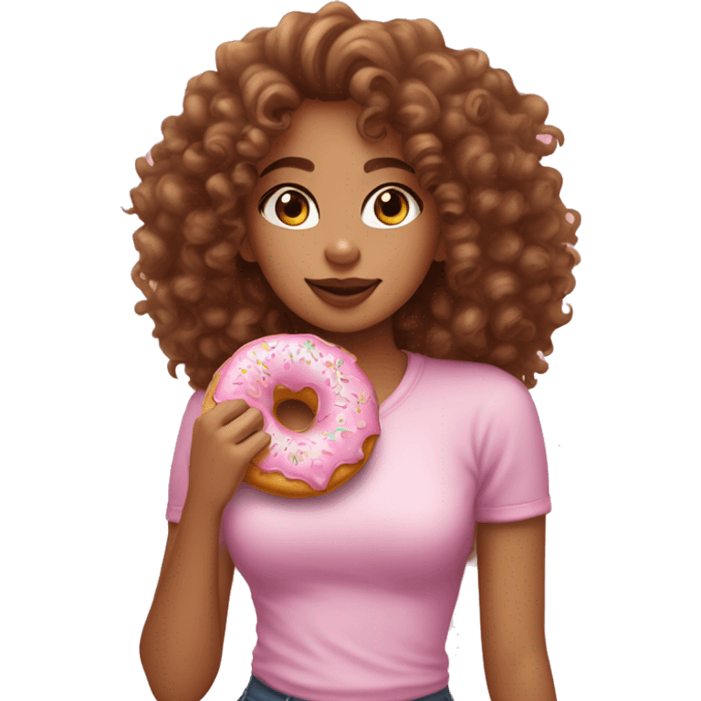 A lightskin girl with curly hair eating a pink frosted donut with sprinkles  emoji