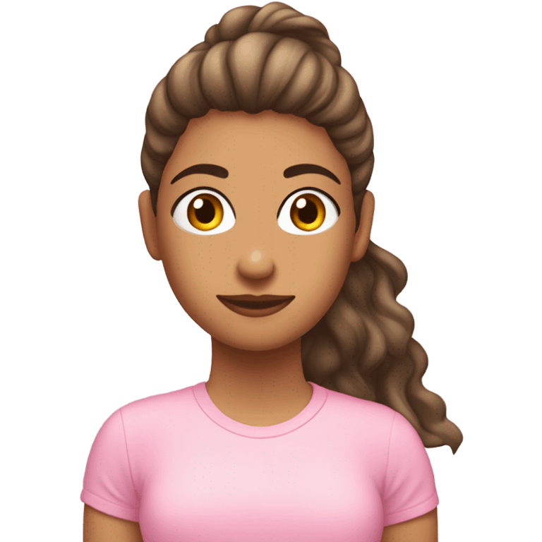 chica de piel blanca  pelo marron claro ondulado con camiseta rosa emoji