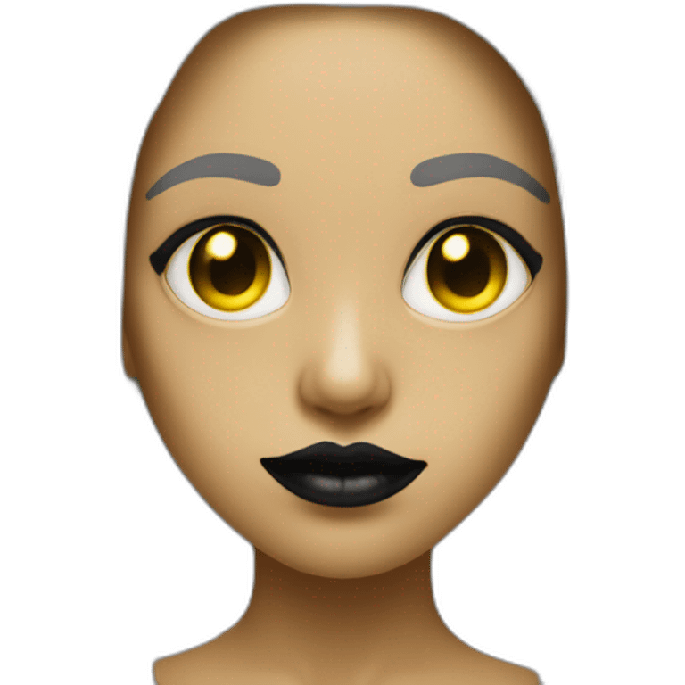 Create creature similar to human with red skin, black long hair, yellow eyes (black white of the eye), in black lather dress, black lips emoji