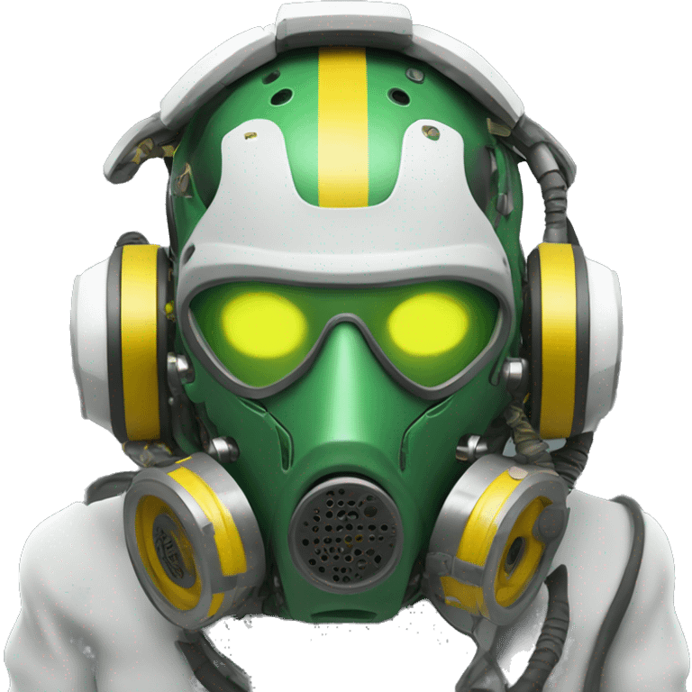 Green skin cyborg head with dark yellow Mohawk, white respirator mask and circuitry emoji