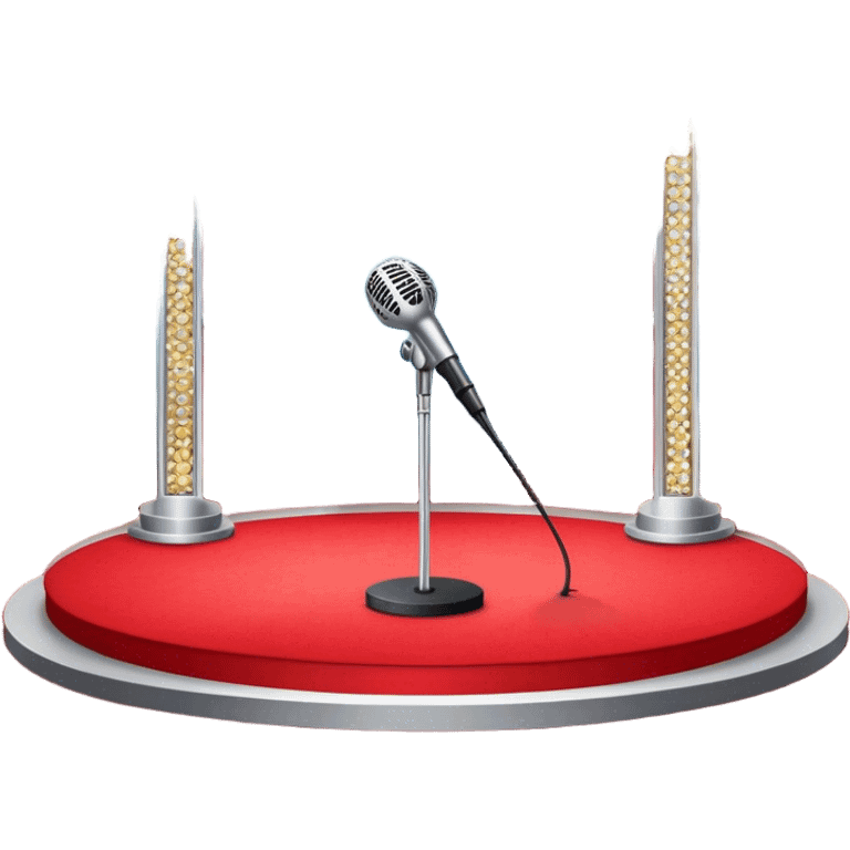 Create a glamorous and vibrant emoji that represents pop or stage vocal performance. The design should feature an empty stage with concert lighting. Include elements like an iconic stage microphone with a sparkling, rhinestone-studded microphone stand, set on a red carpet, a celebratory firework display in the background and a ribbon of musical notes flowing around the scene to symbolize the performance's energy. Use bright colors like gold, red, and silver to emphasize the excitement and glitz of the pop vocal world. The background should be transparent. emoji