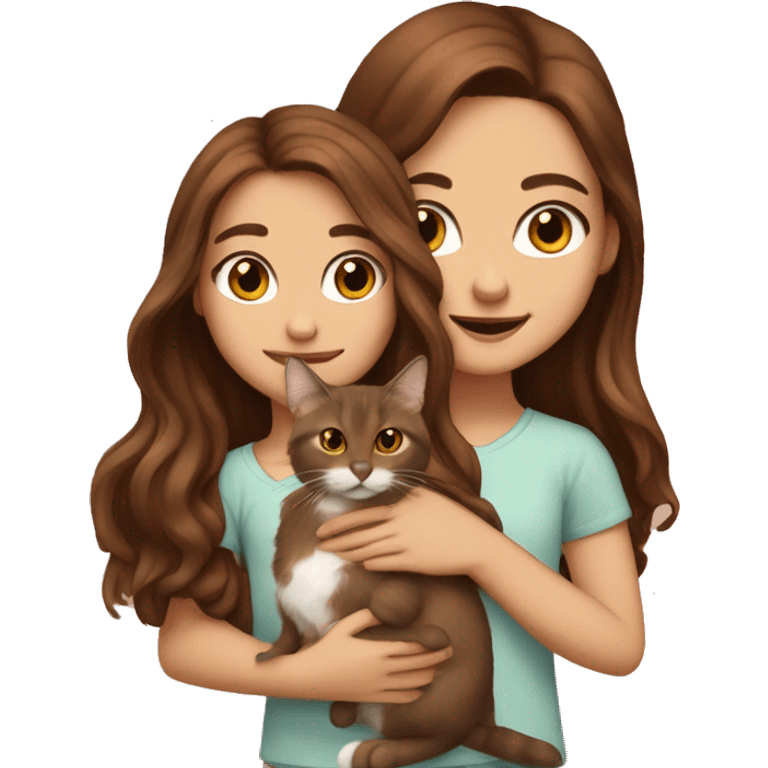 A girl with long wavy brown hair and brown eyes holds a small red lop-eared cat. emoji