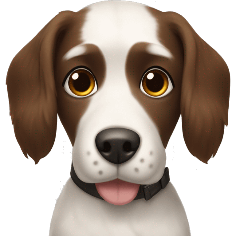 Dog with a name tag that says benson. Big brown nose, white face medium length hair, chocolate brown ears and long eye lashes emoji