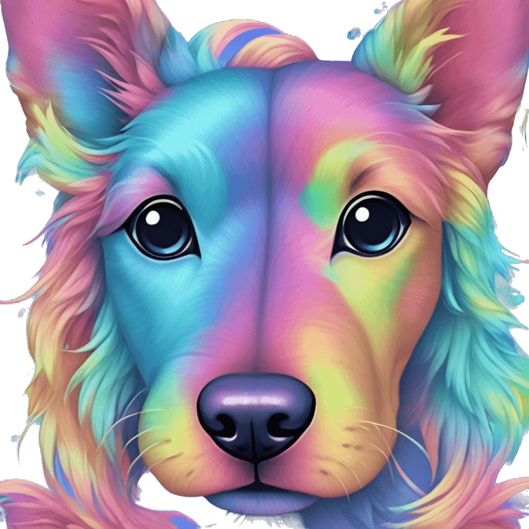 Multicolored rainbow retro groovy tie dye hippie trippy floral patterns on a metallic holographic iridescent blue dog face head unicorn emoji