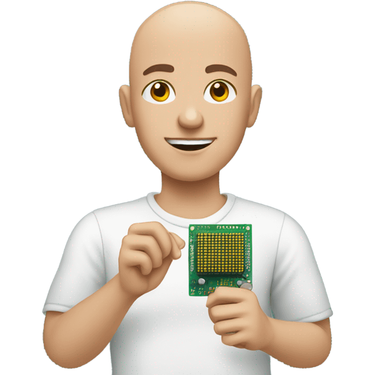 Bald young man, on his hand there is semiconductor chip emoji