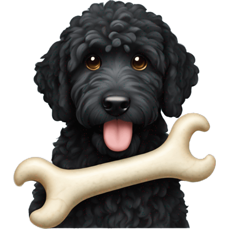 All black labradoodle carrying bone in mouth  emoji