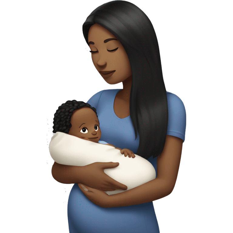 a white woman with long black hair is holding a newborn baby with bottle milk  emoji