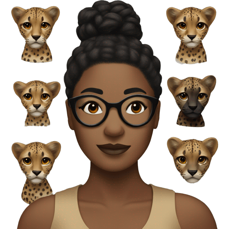 Black woman with freckles and a black bun and cheetah print glasses emoji