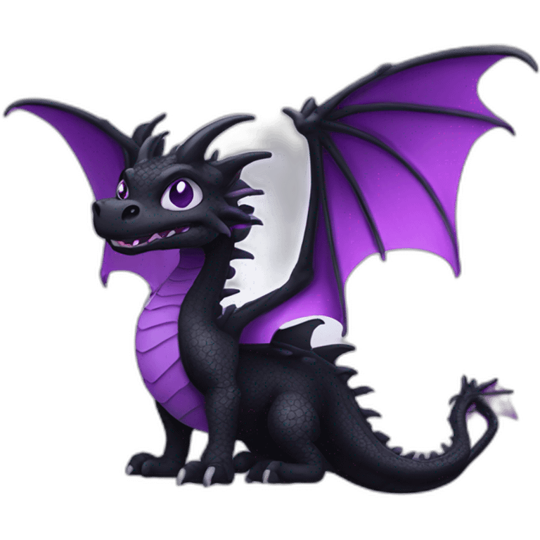 Digital art of a black dragon with a white neck and underside, a purple stripe and purple eyes. emoji