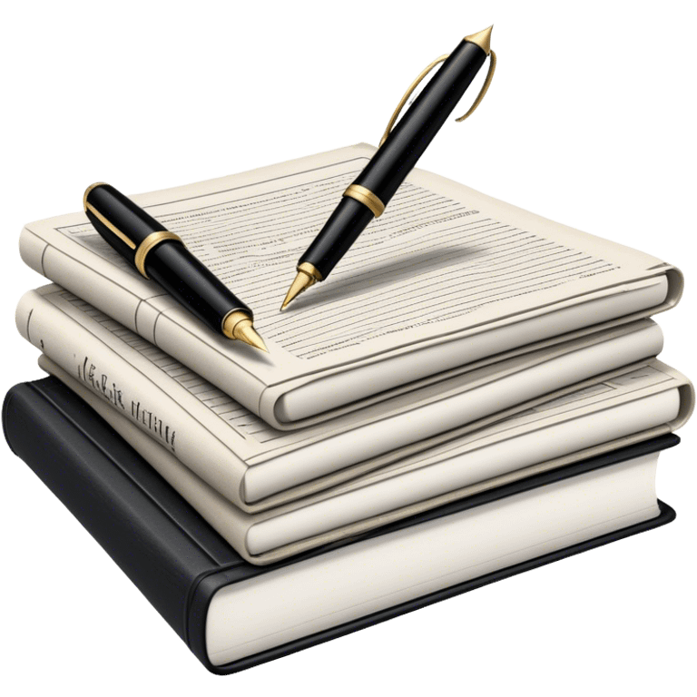 Create an emoji representing journalism and publicistic writing. The design should feature a stack of newspapers, an open notebook, and a single classic fountain pen placed on top of the notebook, symbolizing the act of writing. The scene should convey a sense of professionalism and thoughtful analysis. Use a neutral and professional color palette, with black, white, and muted tones. Do not include any emojis or smiley faces. Make the background transparent. emoji