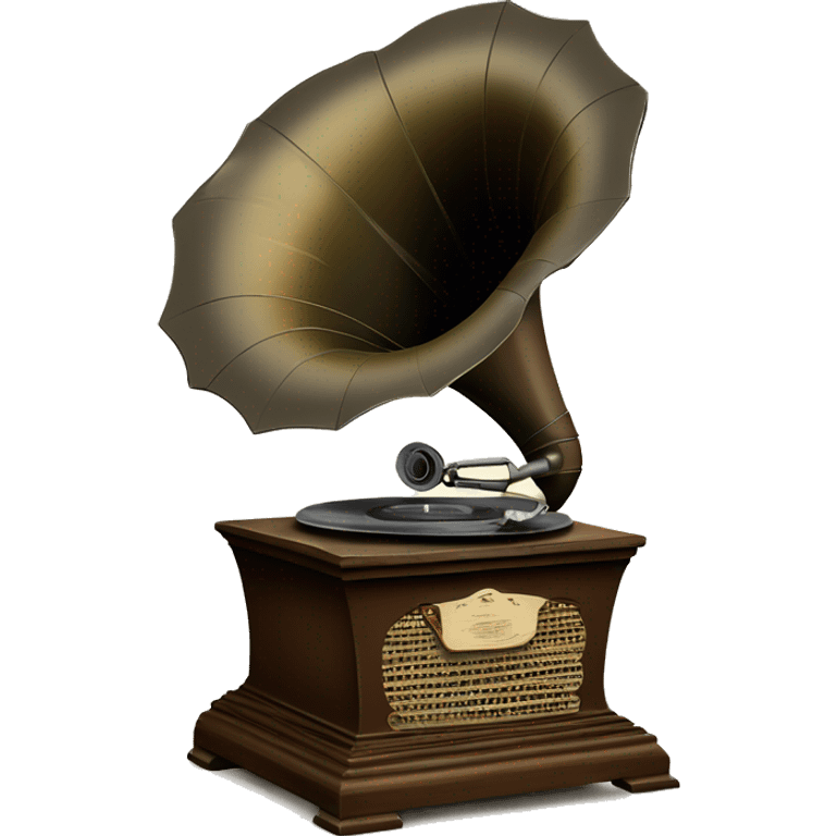 vintage gramophone with stacks of vinyl records behind emoji