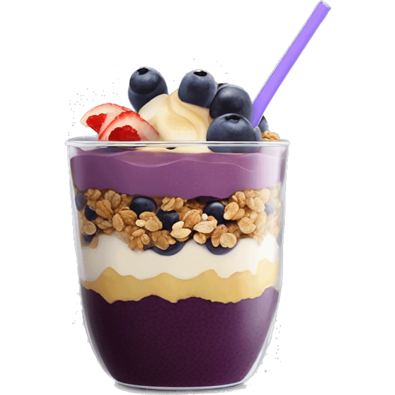 Açaí in a clear cup with layers of fruits and granola and condensed milk emoji