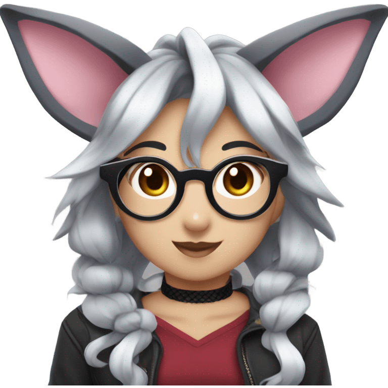 A Sylveon with round glasses, black spiked choker, dark red shirt, dark grey skirt, fishnets, and black boots emoji