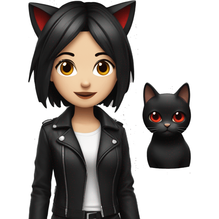 girl, short black hair, with cat ears, red eyes, black collar on neck, wearing leather black jacket, smirking emoji