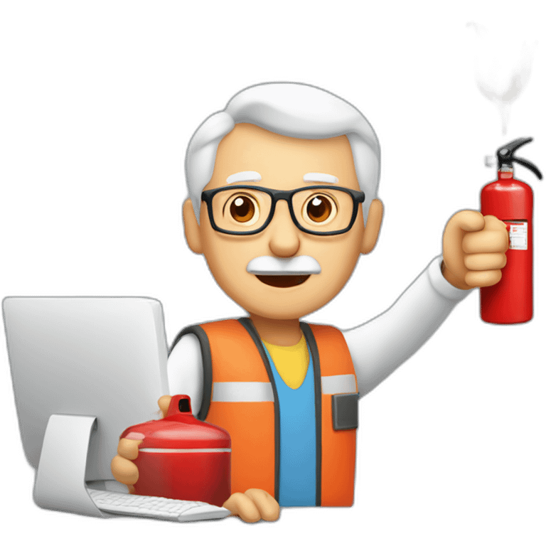 elderly man pointing fire extinguisher at a computer emoji