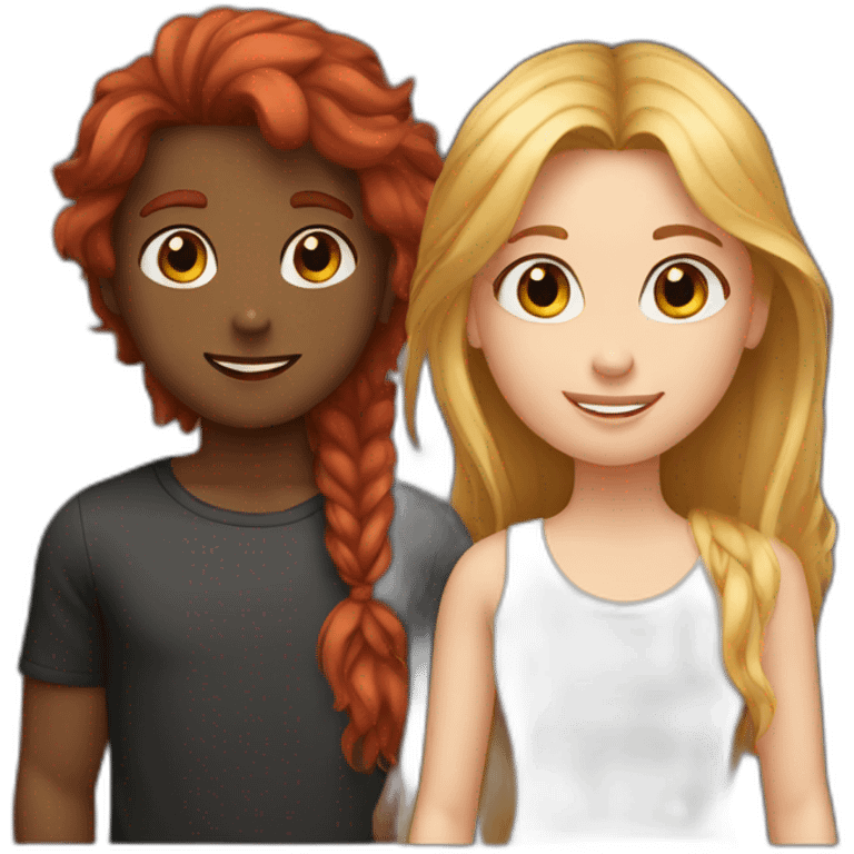 friends; a red long haired girl with black girl with blonde long haired girl with short brown haired boy and brown haired girl emoji