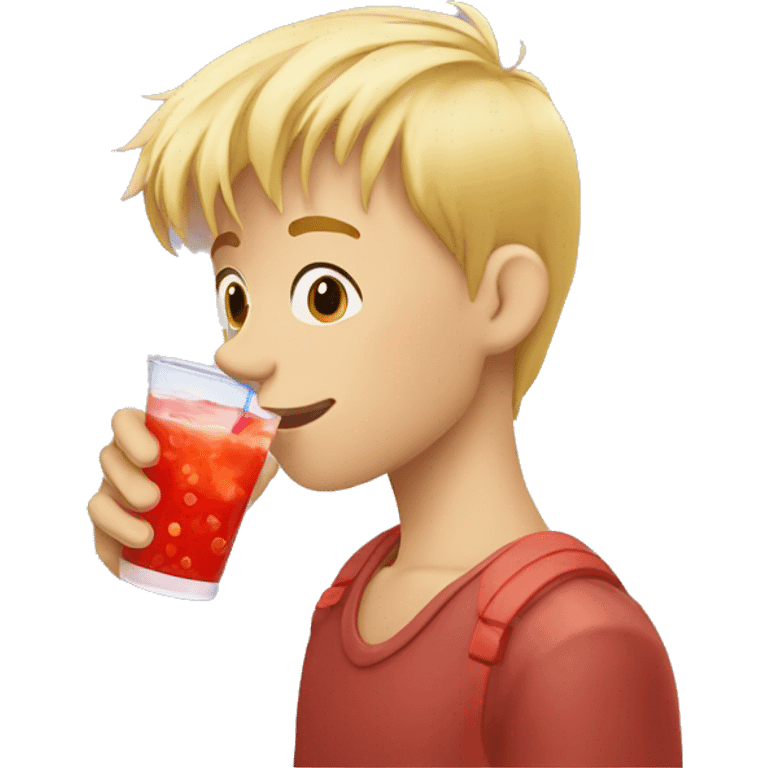 A blonde boy sucking juice with a straw while his hand is holding the drink, profile view emoji