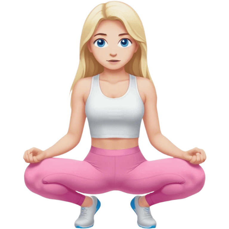 Cinematic realistic blonde with long hair and blue eyes, dressed in a white top and pink leggings, squats emoji