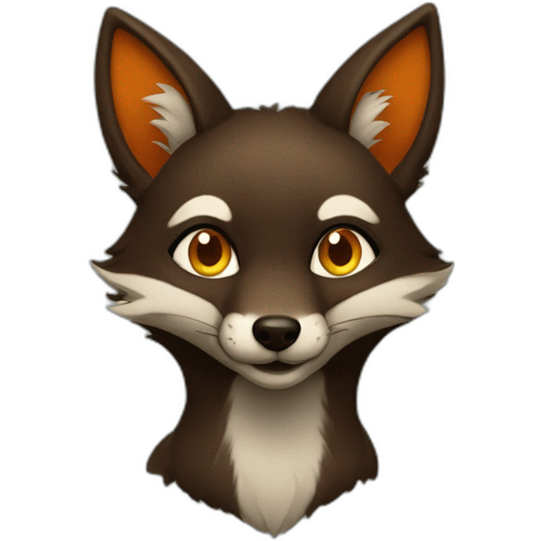 a small dark brown fox with orange eyes with a dark green hood that smile emoji