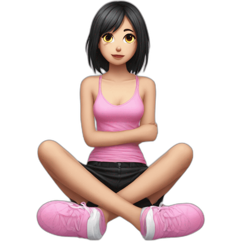 full body Front view emo girl sits on the floor black skirt pink knickers emoji