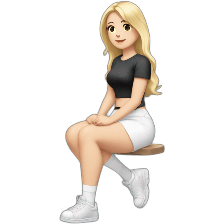 Front view full body curvy caucasian beauty sitting straight hands up black skirt white knickers white socks emoji