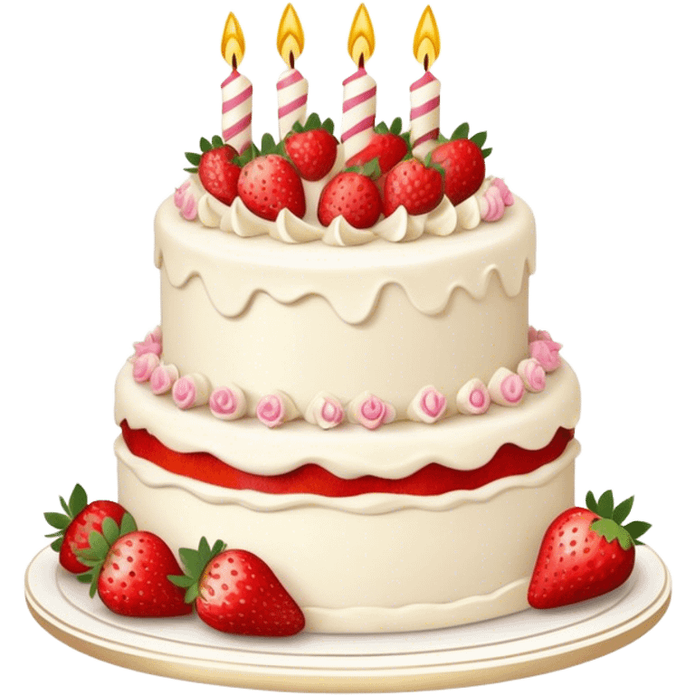 Elegant vintage birthday cake with flowers and fresh strawberries emoji