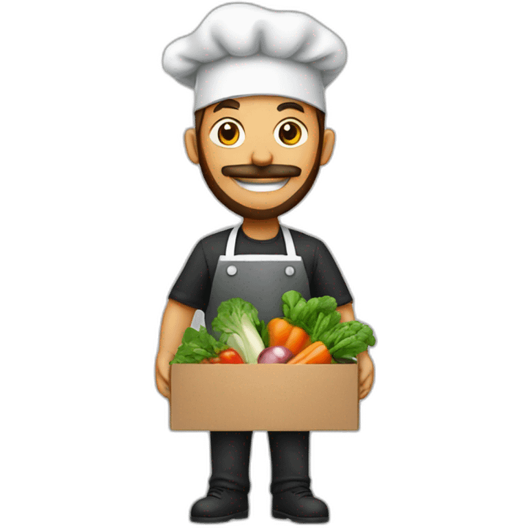 A CHEF WITH A SURPRISE BOX full of vegetables with no hat and a beard emoji