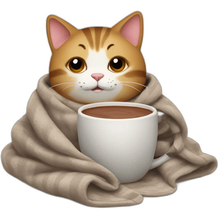 Cat with a cup of hot chocolate and wrapped in a blanket emoji