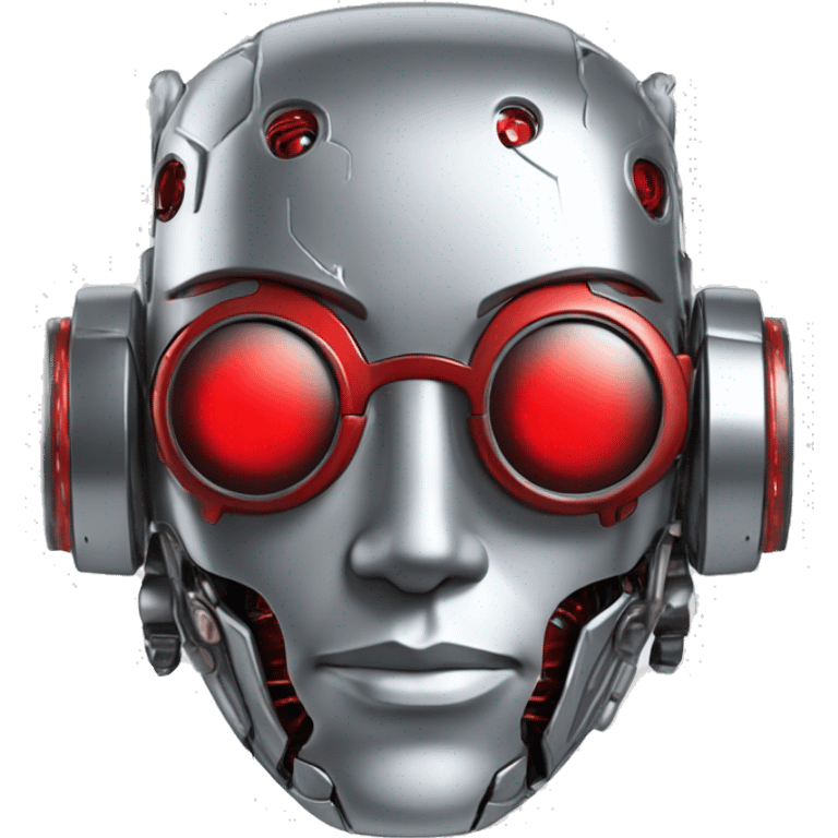 Silver round male cyborg head with red goggles, goatee and circuits emoji