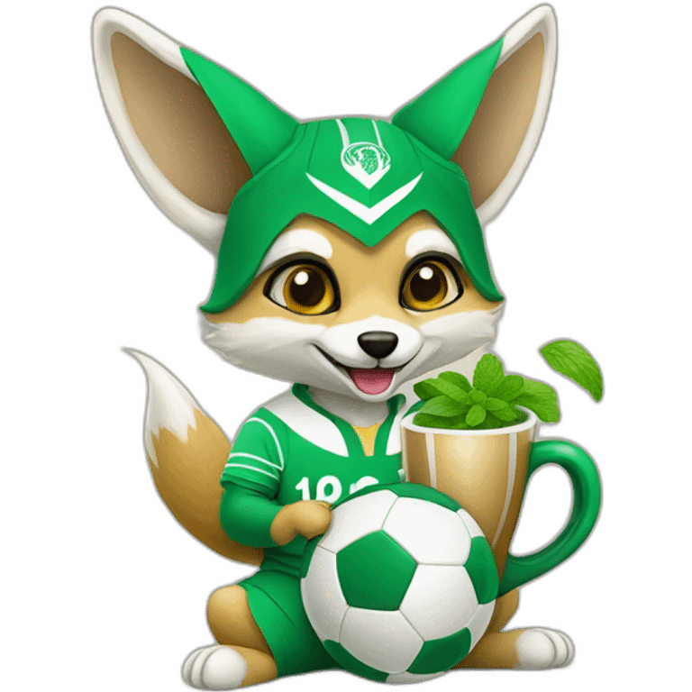 Algerian fennec wearing algerian football kit holding cup of mint tea emoji