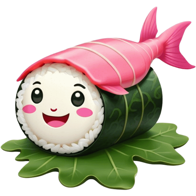 Cute Kawaii Maki Sushi Roll, small and round, wrapped in soft dark green seaweed, tiny grains of rice peeking out, a bright pink fish filling, a cheerful smiling face! emoji