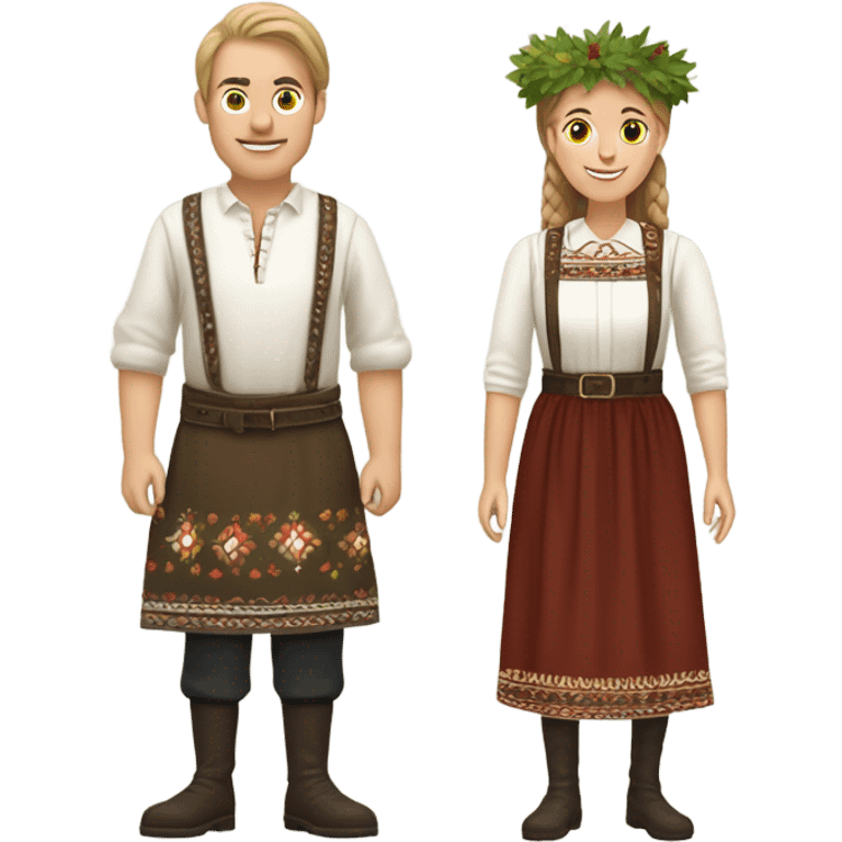 Make a festive tradition latvian man and woman with a oak and birch leaf crown  emoji