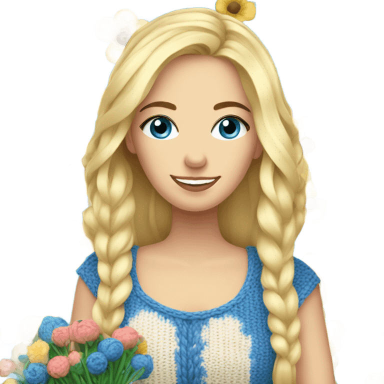 beautiful finnish blonde woman with blue eyes knitting flowers emoji