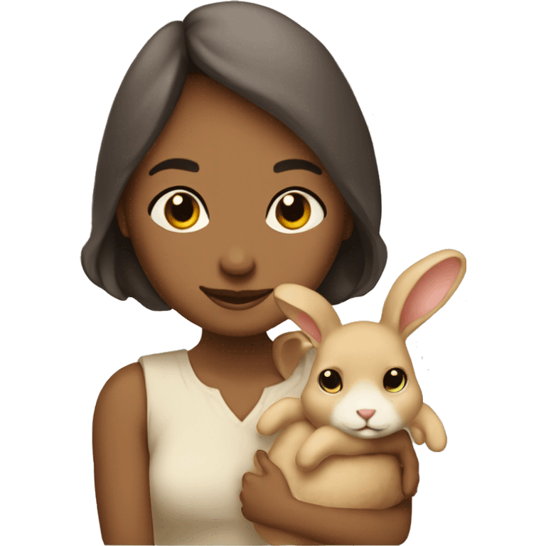 A fair complexioned lady holding beige bunny and hugging him with her eyes closed   emoji