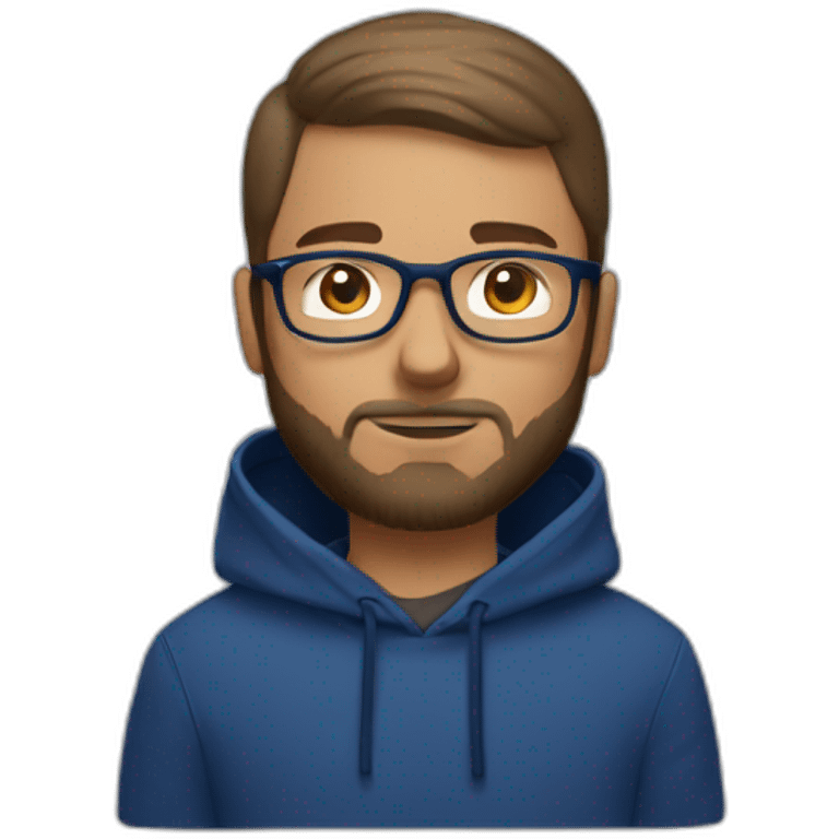 Brown short hair white man with a beard and round glasses typing on apple computer wearing a dark blue nike hoodie emoji