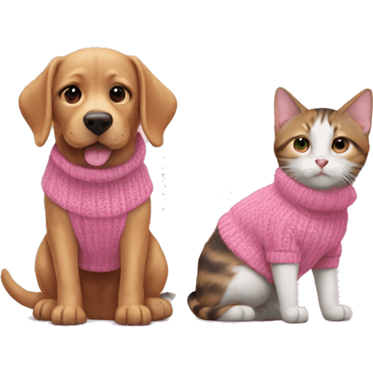 Cute dog and cat in pink sweaters emoji