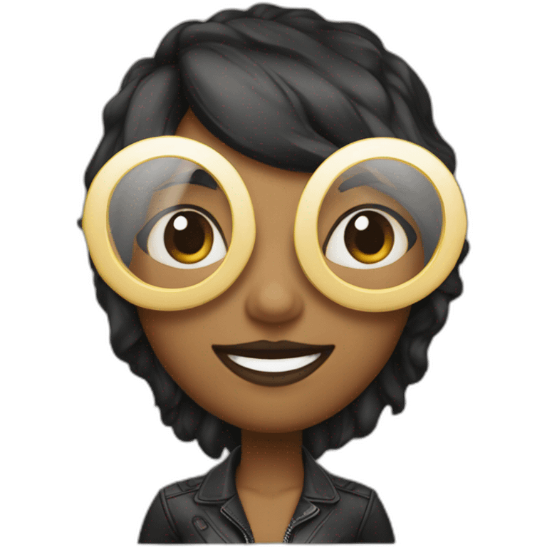 Persona morena con gafas negras y pelo medio rizado sobre la frente emoji