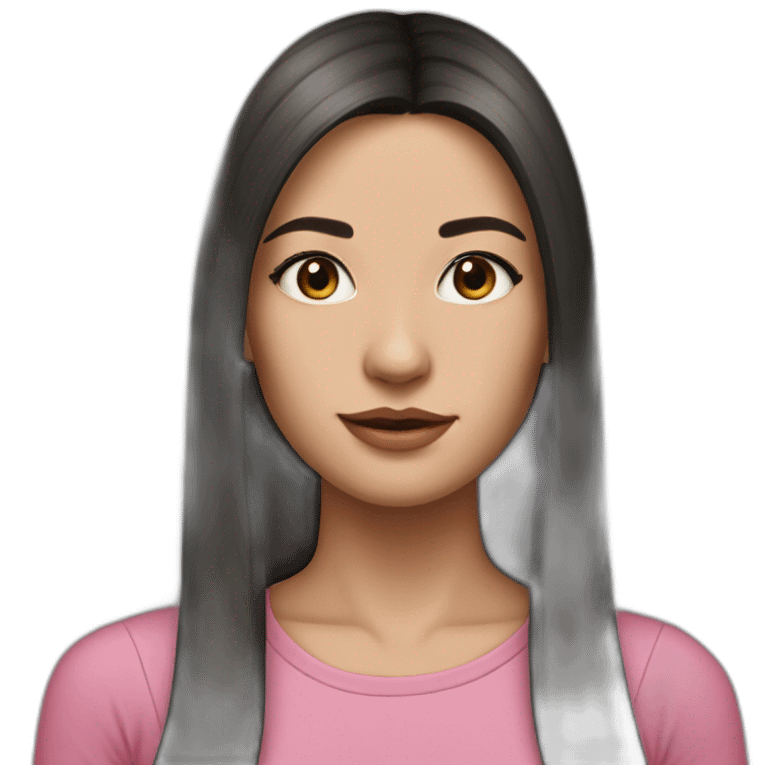 caucasian woman, with long straight hair, black  hair, brown eyes,with a pink top,hyperrealist emoji