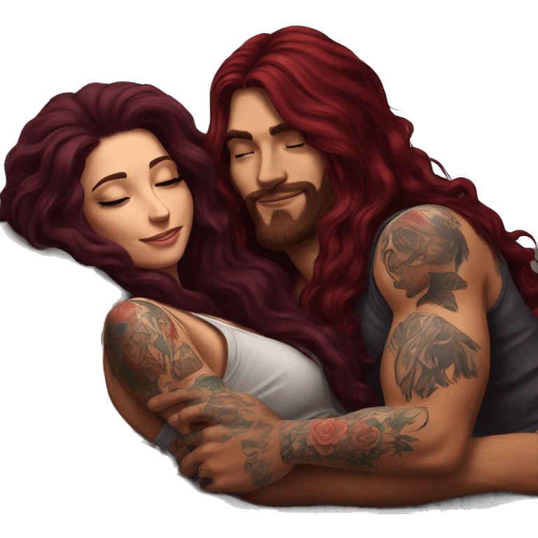 Beautiful tattooed burgundy long haired woman laying on the boyfriends chest emoji