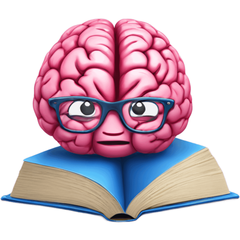 Pink brain with red glasses reading a blue book emoji