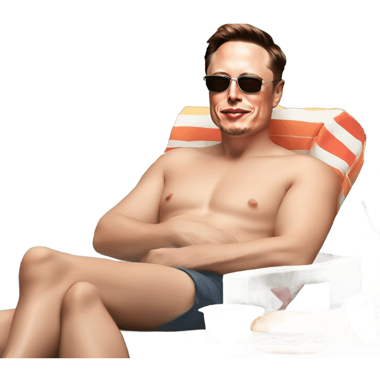 Photo realistic, Elon Musk eating sloppy wet, hamburger meat very messy at the beach by the pool, lounging and sun tanning emoji