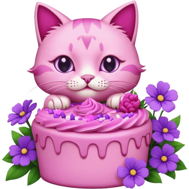 A pink cat eating a pink cake surrounded by purple flowers  emoji