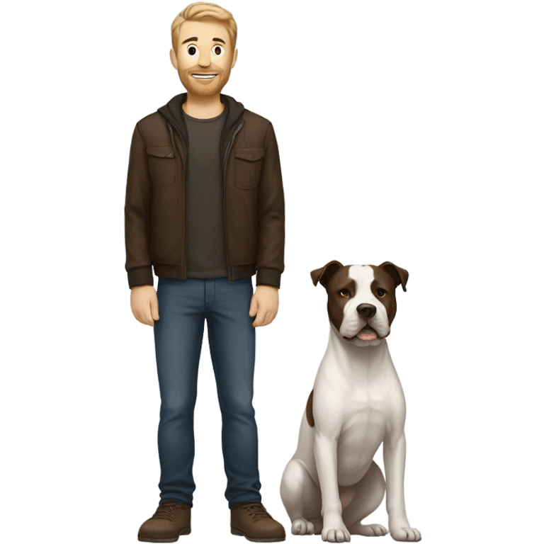 white male with dark brown hair and a lightly scruffy beard shadow standing alongside a white pitbull emoji