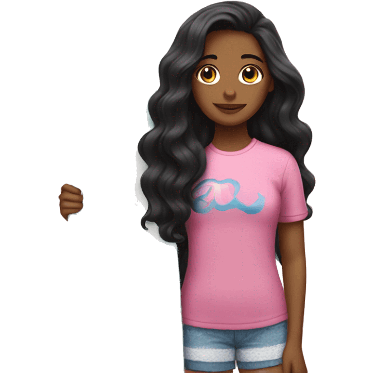 A girl with wavy long black hair on a pink surfboard emoji