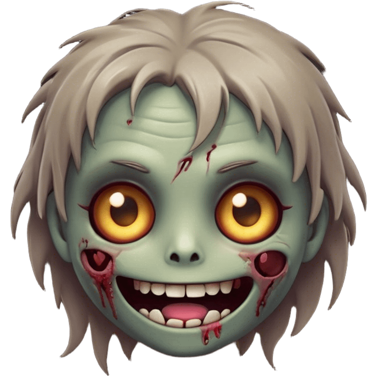 Cinematic Cute Zombie Portrait Emoji, with a delightfully quirky, slightly disheveled face in muted ashen hues, featuring quirky bright eyes and a playful, stitched-together smile, simplified yet irresistibly charming, highly detailed with a soft glowing outline that captures the adorable, offbeat spirit of a zombie who’s more cute than creepy! emoji