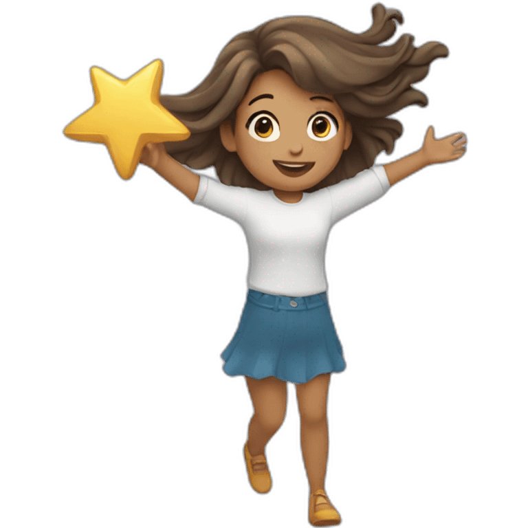 Girl with waving hair holding a star in hands while flying emoji