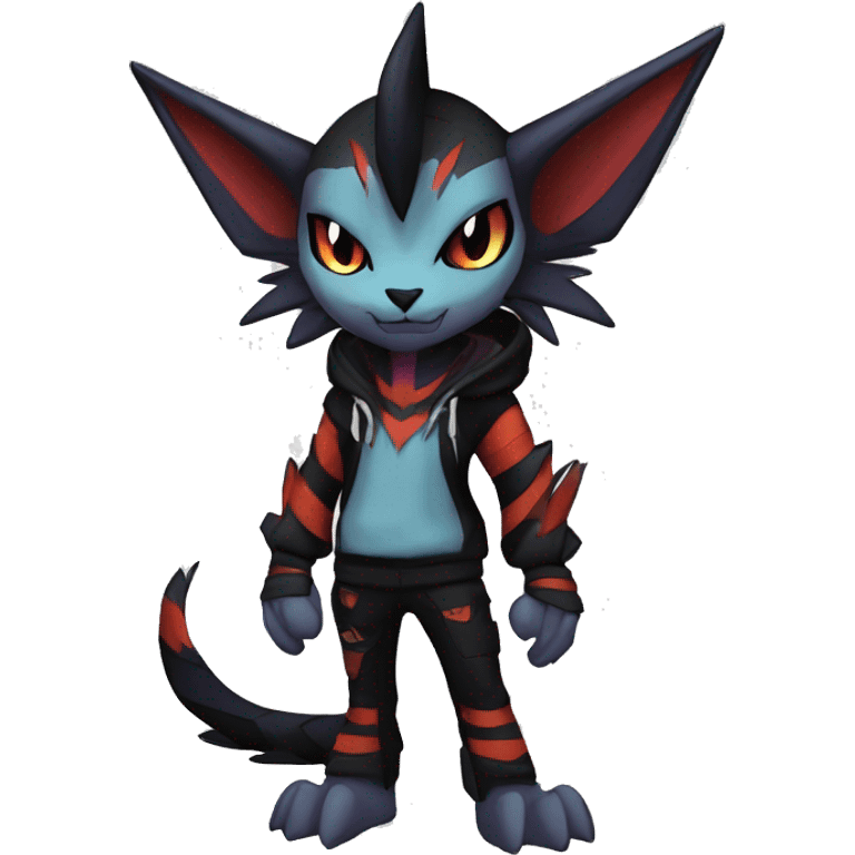 Cool Anthro Black Noivern-Absol-Litten-Pokémon with edgy stripes hoodie spiked collar punk Full Body emoji