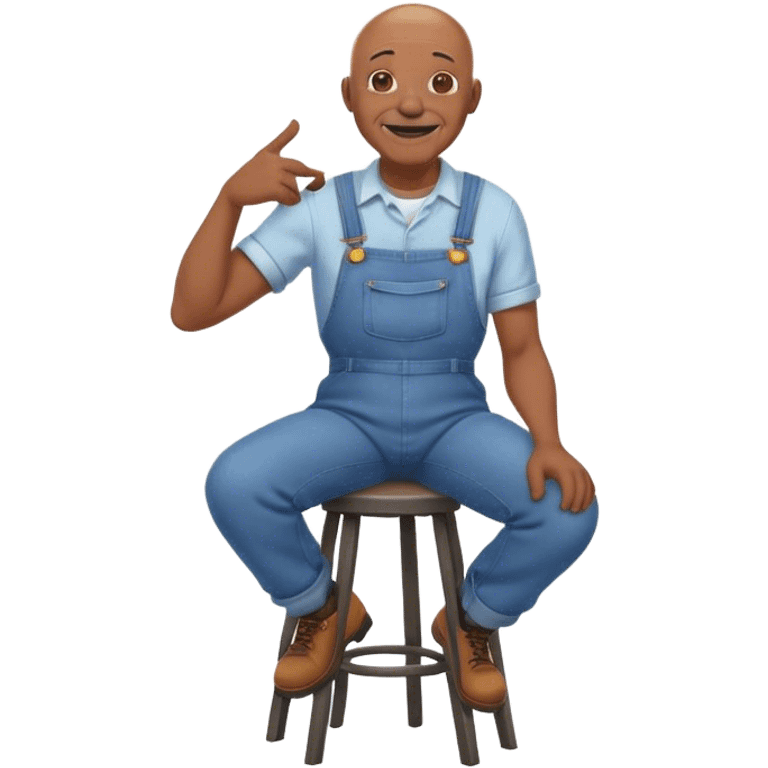 Side angle Laughing Old bald black man sitting on stool wearing overalls emoji