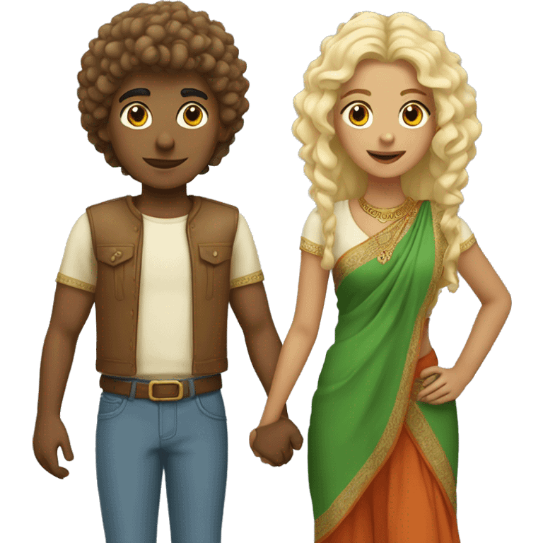 Indian boy with perm holding hand with blonde girl with straight ha emoji